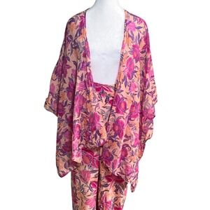 OLD Navy Rayon Floral Kimono Jacket and Pants Set Peach Pink Open Front Size XXL
